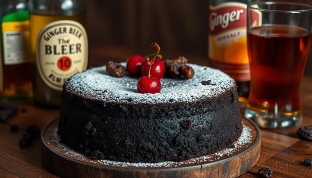 A sumptuous Jamaican black cake sits on a rustic wooden table, surrounded by a selection of festive beverages. The cake's dark, moist crumb is adorned with a dusting of powdered sugar, while plump raisins and cherries peek out from the surface. Beside the cake, a glass of rich, amber-colored rum and a refreshing bottle of ginger beer invite guests to indulge in this traditional Caribbean treat. Soft, warm lighting casts a cozy glow, creating an inviting and celebratory atmosphere perfect for savoring the flavors of the islands. A sumptuous Jamaican black cake sits on a rustic wooden table, surrounded by a selection of festive beverages. The cake's dark, moist crumb is adorned with a dusting of powdered sugar, while plump raisins and cherries peek out from the surface. Beside the cake, a glass of rich, amber-colored rum and a refreshing bottle of ginger beer invite guests to indulge in this traditional Caribbean treat. Soft, warm lighting casts a cozy glow, creating an inviting and celebratory atmosphere perfect for savoring the flavors of the islands.