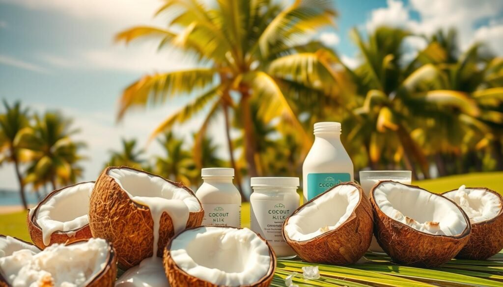 A vibrant, sun-drenched scene showcasing the bountiful health benefits of coconut. In the foreground, a selection of freshly cracked coconuts reveal their white, succulent flesh, dripping with nutrient-rich coconut water. The middle ground features an array of coconut-based superfoods, including coconut oil, coconut milk, and coconut flakes, each labeled with their unique health properties. In the background, a lush, tropical landscape sets the stage, with swaying palm trees and a cloudless, azure sky. Warm, golden lighting bathes the entire composition, creating a sense of warmth and vitality. The overall mood is one of wellness, nourishment, and the restorative power of this versatile, natural treasure. A vibrant, sun-drenched scene showcasing the bountiful health benefits of coconut. In the foreground, a selection of freshly cracked coconuts reveal their white, succulent flesh, dripping with nutrient-rich coconut water. The middle ground features an array of coconut-based superfoods, including coconut oil, coconut milk, and coconut flakes, each labeled with their unique health properties. In the background, a lush, tropical landscape sets the stage, with swaying palm trees and a cloudless, azure sky. Warm, golden lighting bathes the entire composition, creating a sense of warmth and vitality. The overall mood is one of wellness, nourishment, and the restorative power of this versatile, natural treasure.