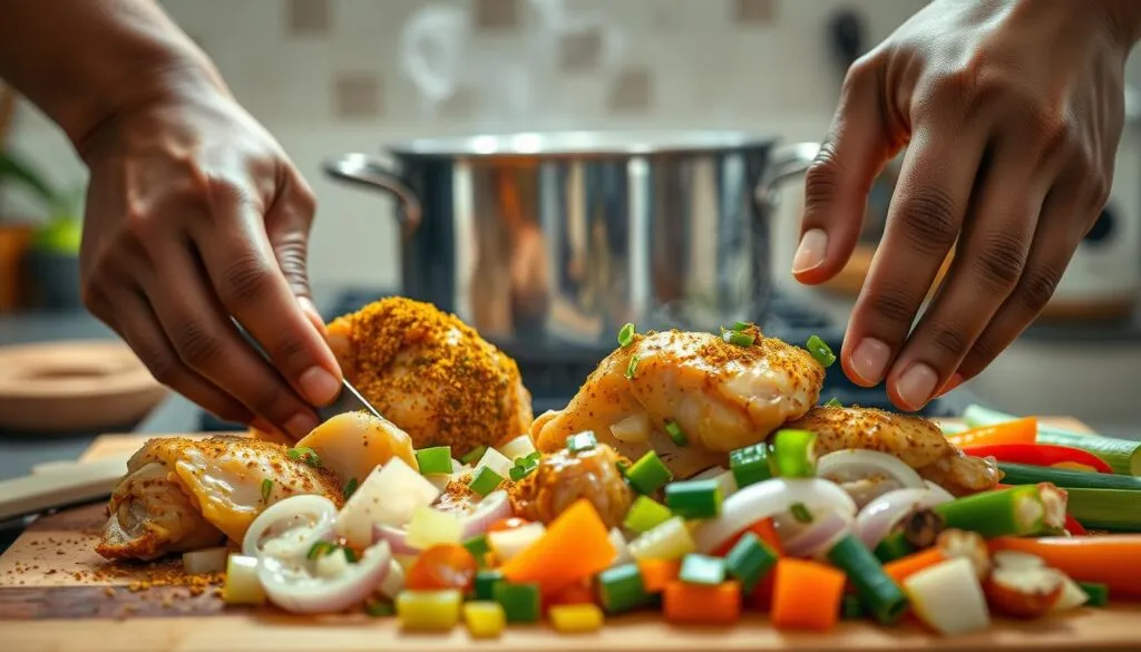 A brightly lit, close-up view of a Jamaican curry chicken preparation. In the foreground, a set of hands skillfully cutting and seasoning chicken thighs with a blend of aromatic spices like turmeric, cumin, and allspice. The chicken pieces are arranged neatly on a wooden cutting board, with a vibrant array of vegetables like onions, bell peppers, and scallions surrounding them. In the middle ground, a heavy-bottomed pot simmers on the stove, releasing fragrant steam and the aroma of simmering curry sauce. The background is softly blurred, suggesting a cozy kitchen environment. The overall scene conveys a sense of culinary expertise, cultural authenticity, and the mouthwatering anticipation of a delicious Jamaican curry chicken dish. A brightly lit, close-up view of a Jamaican curry chicken preparation. In the foreground, a set of hands skillfully cutting and seasoning chicken thighs with a blend of aromatic spices like turmeric, cumin, and allspice. The chicken pieces are arranged neatly on a wooden cutting board, with a vibrant array of vegetables like onions, bell peppers, and scallions surrounding them. In the middle ground, a heavy-bottomed pot simmers on the stove, releasing fragrant steam and the aroma of simmering curry sauce. The background is softly blurred, suggesting a cozy kitchen environment. The overall scene conveys a sense of culinary expertise, cultural authenticity, and the mouthwatering anticipation of a delicious Jamaican curry chicken dish.