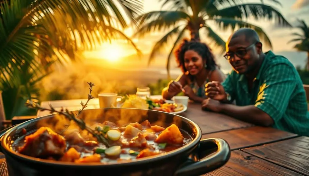 A vibrant, detailed scene depicting the cultural significance of Jamaican Oxtail Stew. In the foreground, a steaming pot of the hearty, savory stew, garnished with sprigs of thyme and sliced scallions. In the middle ground, a family gathered around a worn wooden table, savoring the dish with expressions of deep satisfaction. The background reveals a lush, tropical landscape with swaying palm trees and a brilliant sunset sky, evoking the rich heritage and traditions of Jamaican cuisine. Warm, golden lighting bathes the scene, creating a sense of comfort and nostalgia. The composition emphasizes the communal, celebratory nature of this beloved dish, capturing its cultural significance as a cornerstone of Jamaican culinary identity. A vibrant, detailed scene depicting the cultural significance of Jamaican Oxtail Stew. In the foreground, a steaming pot of the hearty, savory stew, garnished with sprigs of thyme and sliced scallions. In the middle ground, a family gathered around a worn wooden table, savoring the dish with expressions of deep satisfaction. The background reveals a lush, tropical landscape with swaying palm trees and a brilliant sunset sky, evoking the rich heritage and traditions of Jamaican cuisine. Warm, golden lighting bathes the scene, creating a sense of comfort and nostalgia. The composition emphasizes the communal, celebratory nature of this beloved dish, capturing its cultural significance as a cornerstone of Jamaican culinary identity.