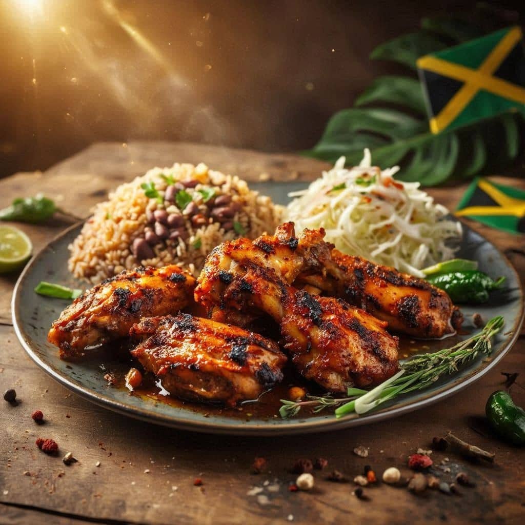 Plate of spicy Jamaican jerk chicken wings served with in Berrien Springs, Michigan