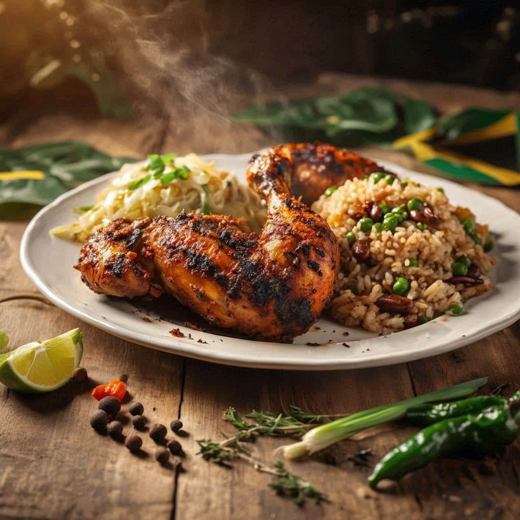Plate of spicy Jamaican jerk chicken served with Served With Caribbean Rice, Beans, Cabbage, and Onions in Berrien Springs, Michigan