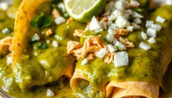 Delicious green enchiladas with toppings.