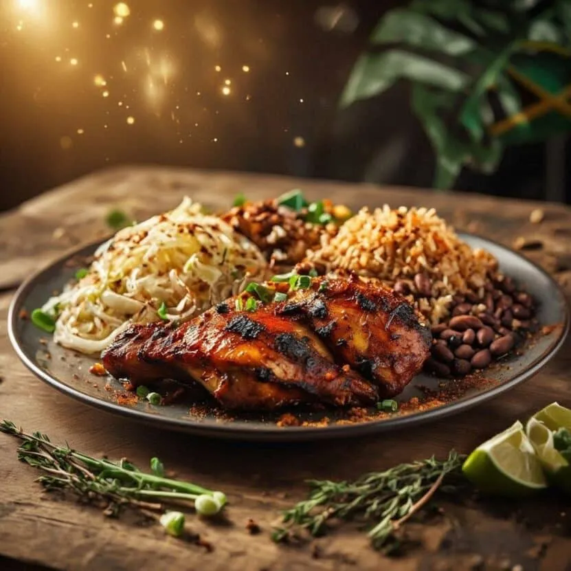 Plate of Jamaican BBQ Chicken served with in Berrien Springs, Michigan