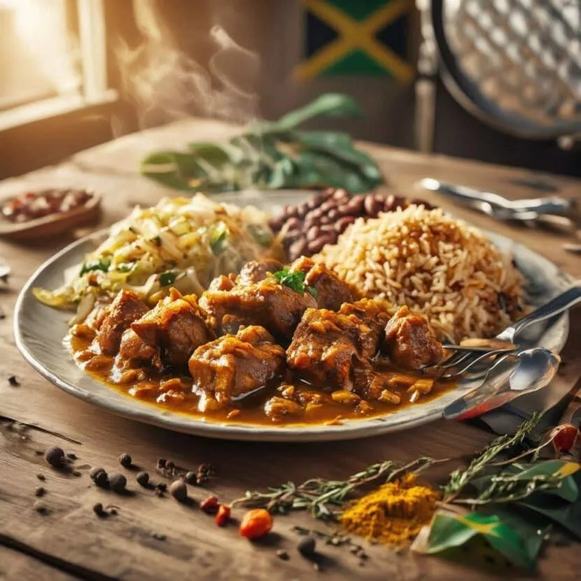 Plate of Jamaican curry goat served with in Berrien Springs, Michigan