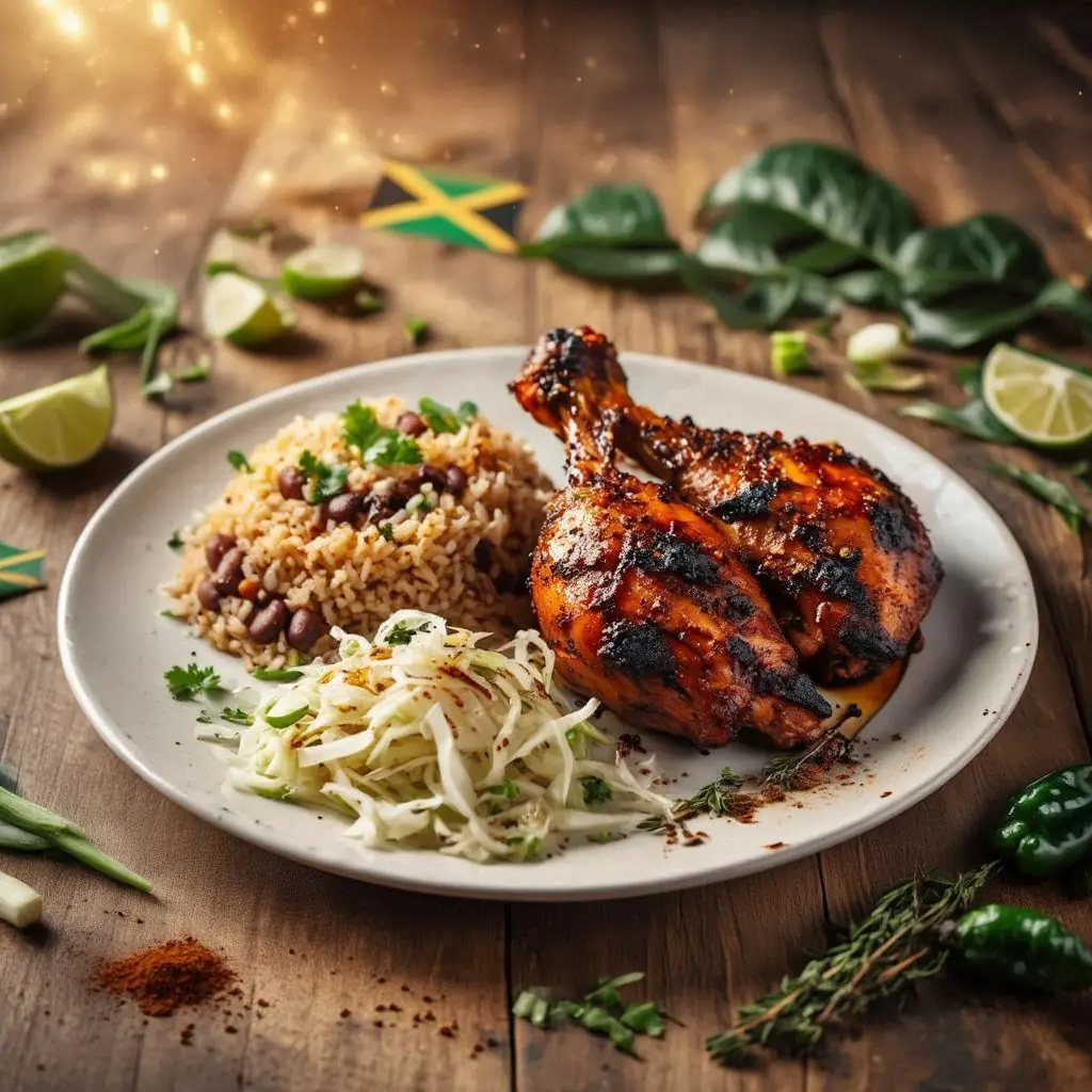 Plate of spicy Jamaican Jerk BBQ Chicken served with in Berrien Springs, Michigan