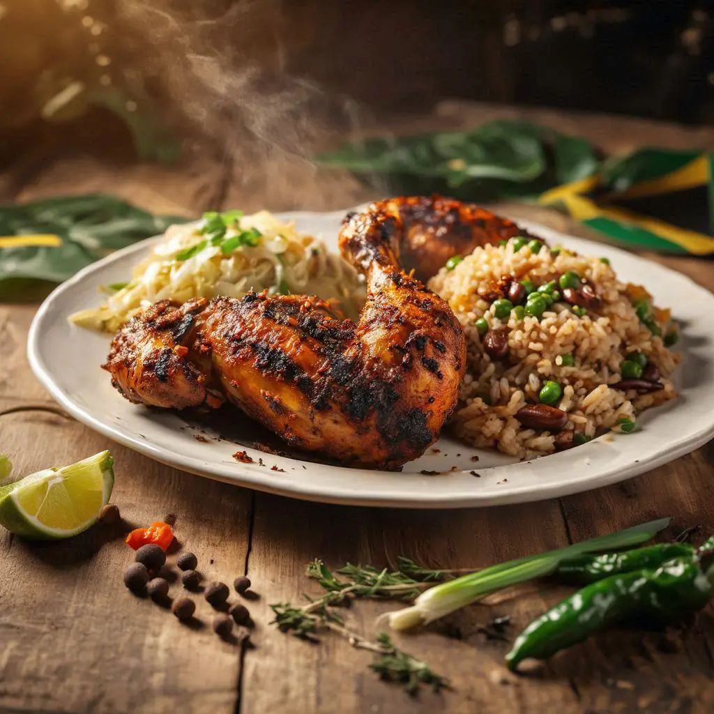 Plate of spicy Jamaican jerk chicken served with Served With Caribbean Rice, Beans, Cabbage, and Onions in Berrien Springs, Michigan