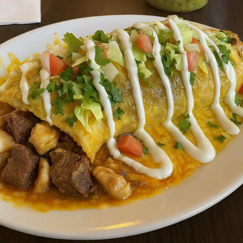 Carne Asada and Pollo Wet Burrito (Steak and chicken) served at Melendez Imports in Berrien Springs, MI