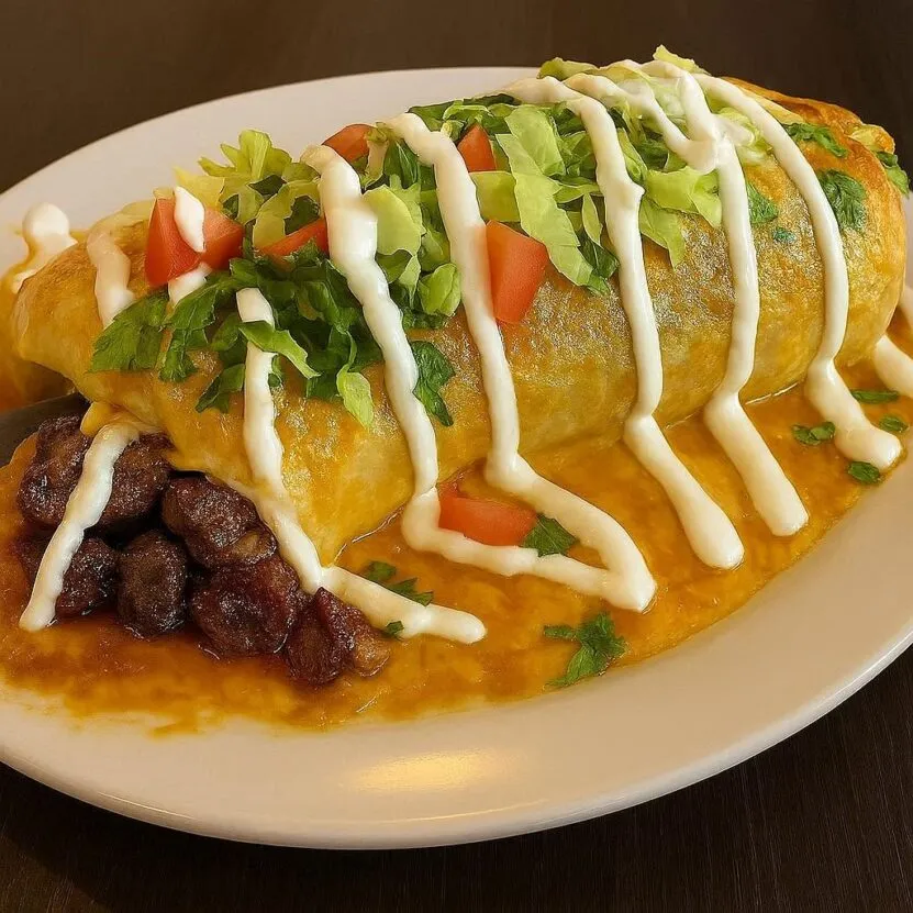 Carne Asada Wet Burrito (Steak) served at Melendez Imports in Berrien Springs, MI