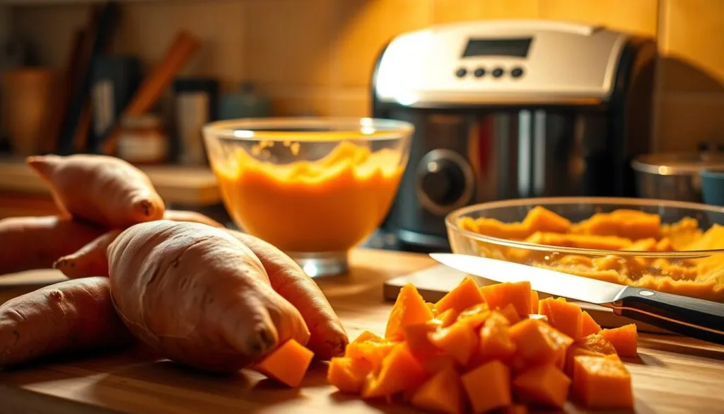A beautifully lit kitchen counter, bathed in warm, golden light. In the foreground, a selection of fresh sweet potatoes, their vibrant orange hues gleaming. Next to them, a cutting board and a sharp knife, ready to slice and dice the tubers. In the middle ground, a mixing bowl filled with a creamy, custard-like batter, infused with the fragrant aromas of cinnamon, vanilla, and nutmeg. In the background, a traditional Jamaican stove or oven, its stately presence hinting at the authentic preparation to come. The atmosphere is one of culinary expertise and inviting comfort, capturing the essence of Jamaican sweet potato pudding. A beautifully lit kitchen counter, bathed in warm, golden light. In the foreground, a selection of fresh sweet potatoes, their vibrant orange hues gleaming. Next to them, a cutting board and a sharp knife, ready to slice and dice the tubers. In the middle ground, a mixing bowl filled with a creamy, custard-like batter, infused with the fragrant aromas of cinnamon, vanilla, and nutmeg. In the background, a traditional Jamaican stove or oven, its stately presence hinting at the authentic preparation to come. The atmosphere is one of culinary expertise and inviting comfort, capturing the essence of Jamaican sweet potato pudding.