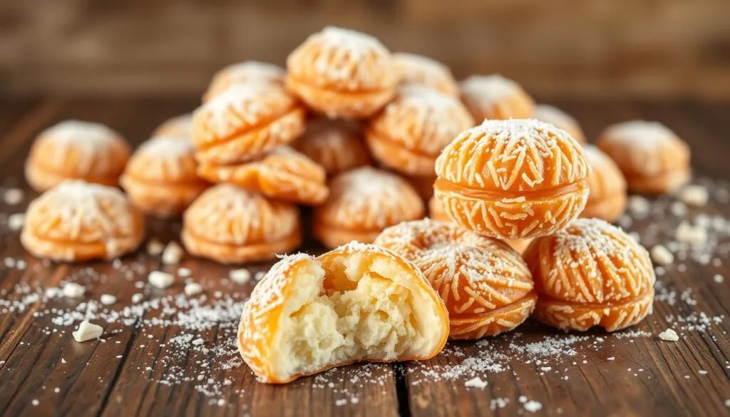 A bountiful display of Jamaican coconut drops, artfully arranged on a rustic wooden table. The mouthwatering treats glisten with a light dusting of powdered sugar, their golden-brown hues contrasting beautifully against the dark wood surface. In the foreground, a few coconut drops are elegantly stacked, showcasing their intricate layered texture. Behind them, a scattering of the delectable confections is set against a soft, blurred background, giving the scene a dreamy, inviting atmosphere. The lighting is natural and soft, casting gentle shadows that accentuate the tempting curves of the coconut drops. This composition captures the essence of serving these tropical delights, enticing the viewer to indulge in the authentic flavors of Jamaica.