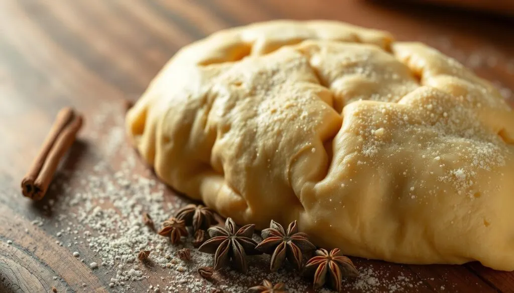 A perfectly golden homemade pastry dough rests on a rustic wooden surface, dusted with a blend of aromatic spices. The dough's flaky texture is highlighted by the warm, muted lighting, casting subtle shadows that accentuate its intricate folds. In the middle ground, a selection of whole spices, such as cinnamon sticks, cloves, and star anise, are scattered, hinting at the flavors that will be infused into the dough. The background is softly blurred, allowing the focus to remain on the tempting pastry, ready to be transformed into the perfect Jamaican patties, bursting with a unique blend of spices. A perfectly golden homemade pastry dough rests on a rustic wooden surface, dusted with a blend of aromatic spices. The dough's flaky texture is highlighted by the warm, muted lighting, casting subtle shadows that accentuate its intricate folds. In the middle ground, a selection of whole spices, such as cinnamon sticks, cloves, and star anise, are scattered, hinting at the flavors that will be infused into the dough. The background is softly blurred, allowing the focus to remain on the tempting pastry, ready to be transformed into the perfect Jamaican patties, bursting with a unique blend of spices.