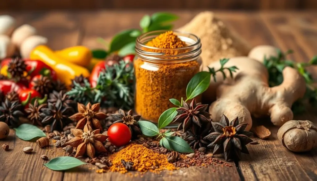 A still life arrangement showcasing an assortment of vibrant Jamaican spices and seasonings. In the foreground, a rustic wooden table is adorned with whole allspice berries, fragrant pimento (allspice) leaves, fiery Scotch bonnet peppers, and fragrant thyme sprigs. In the middle ground, a glass jar filled with the warm, earthy tones of ground pimento (allspice) powder stands alongside a pile of fresh ginger root. In the background, a soft, diffused light illuminates the scene, casting gentle shadows and highlighting the textures and colors of the ingredients. The overall mood is one of warmth, authenticity, and the rich, complex flavors that define Jamaican cuisine.