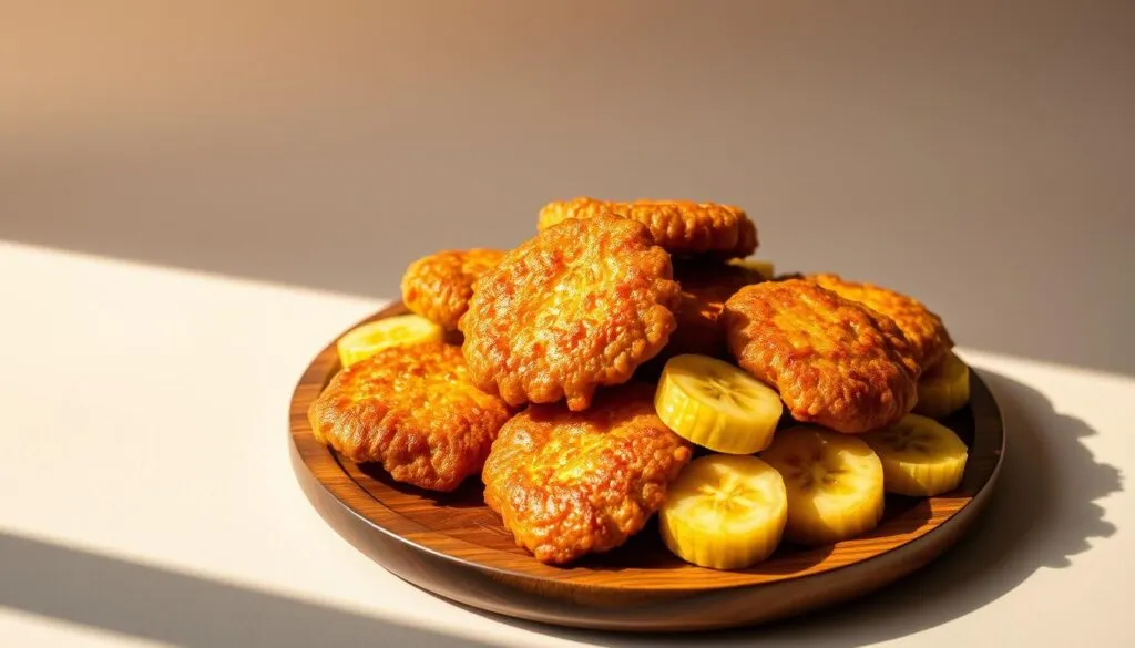 A still life photograph of freshly fried Jamaican banana fritters on a wooden serving platter. The fritters are golden-brown with a crispy exterior, glistening with a light coating of oil. Ripe, sliced bananas are arranged around the fritters, their vibrant yellow hues complementing the deep umber tones. Soft, natural lighting illuminates the scene, casting gentle shadows and highlighting the textural details. The platter is set against a plain, neutral background, allowing the stars of the show - the delectable banana fritters - to take center stage. The mood is warm, inviting, and evocative of the Caribbean islands. A still life photograph of freshly fried Jamaican banana fritters on a wooden serving platter. The fritters are golden-brown with a crispy exterior, glistening with a light coating of oil. Ripe, sliced bananas are arranged around the fritters, their vibrant yellow hues complementing the deep umber tones. Soft, natural lighting illuminates the scene, casting gentle shadows and highlighting the textural details. The platter is set against a plain, neutral background, allowing the stars of the show - the delectable banana fritters - to take center stage. The mood is warm, inviting, and evocative of the Caribbean islands.