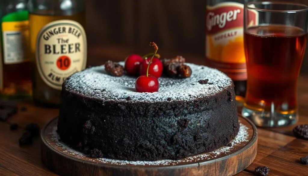 A sumptuous Jamaican black cake sits on a rustic wooden table, surrounded by a selection of festive beverages. The cake's dark, moist crumb is adorned with a dusting of powdered sugar, while plump raisins and cherries peek out from the surface. Beside the cake, a glass of rich, amber-colored rum and a refreshing bottle of ginger beer invite guests to indulge in this traditional Caribbean treat. Soft, warm lighting casts a cozy glow, creating an inviting and celebratory atmosphere perfect for savoring the flavors of the islands. A sumptuous Jamaican black cake sits on a rustic wooden table, surrounded by a selection of festive beverages. The cake's dark, moist crumb is adorned with a dusting of powdered sugar, while plump raisins and cherries peek out from the surface. Beside the cake, a glass of rich, amber-colored rum and a refreshing bottle of ginger beer invite guests to indulge in this traditional Caribbean treat. Soft, warm lighting casts a cozy glow, creating an inviting and celebratory atmosphere perfect for savoring the flavors of the islands.
