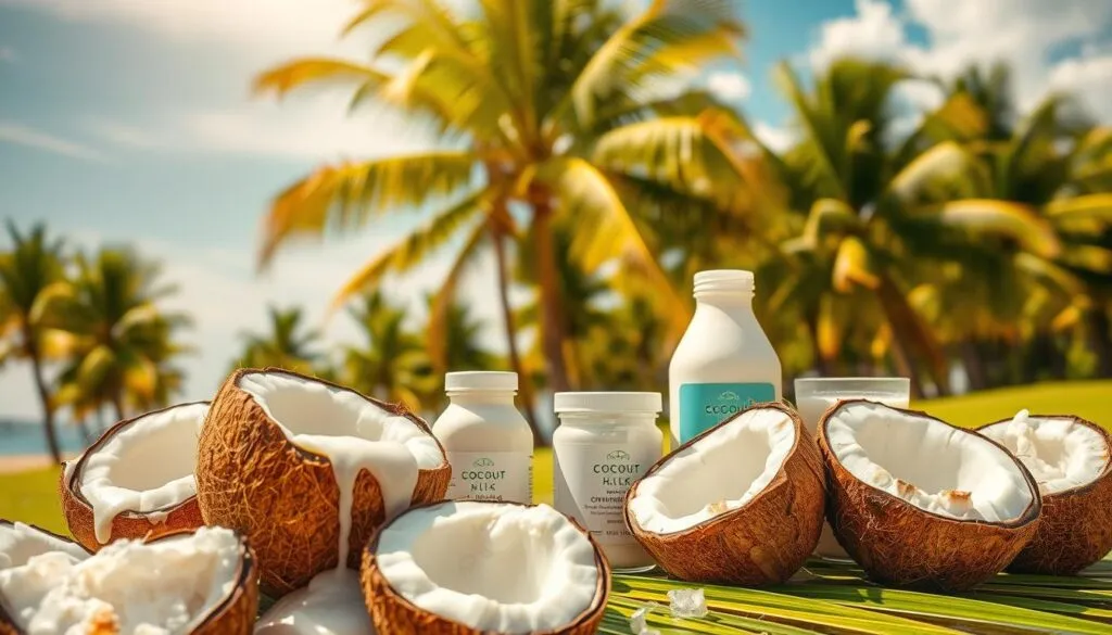 A vibrant, sun-drenched scene showcasing the bountiful health benefits of coconut. In the foreground, a selection of freshly cracked coconuts reveal their white, succulent flesh, dripping with nutrient-rich coconut water. The middle ground features an array of coconut-based superfoods, including coconut oil, coconut milk, and coconut flakes, each labeled with their unique health properties. In the background, a lush, tropical landscape sets the stage, with swaying palm trees and a cloudless, azure sky. Warm, golden lighting bathes the entire composition, creating a sense of warmth and vitality. The overall mood is one of wellness, nourishment, and the restorative power of this versatile, natural treasure.