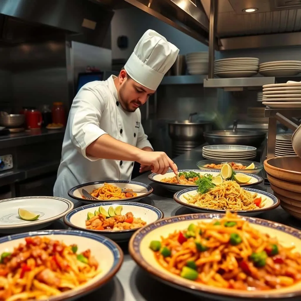 a chef in a kitchen with many plates of food