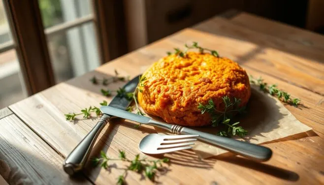 Golden ducana with herbs on table