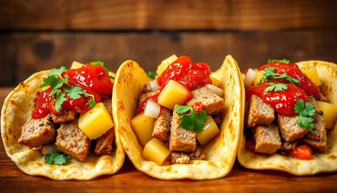 Three tacos filled with savory ingredients