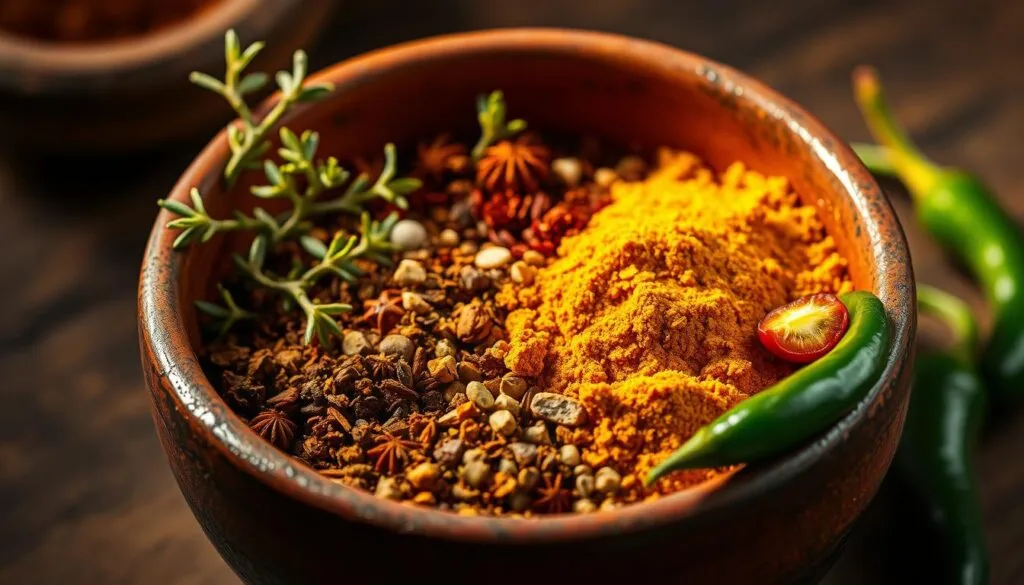 Jamaican curry spice blend in a rustic ceramic bowl, lit by warm ambient lighting. The blend features vibrant hues of turmeric, cumin, coriander, allspice, and other aromatic spices, arranged in an artful composition. Sprigs of fresh thyme and sliced Scotch bonnet peppers add pops of color and texture. The overall mood is inviting and evocative of the rich, complex flavors of Jamaican cuisine. Shot with a shallow depth of field using a 50mm lens to emphasize the textures and details of the spices. Jamaican curry spice blend in a rustic ceramic bowl, lit by warm ambient lighting. The blend features vibrant hues of turmeric, cumin, coriander, allspice, and other aromatic spices, arranged in an artful composition. Sprigs of fresh thyme and sliced Scotch bonnet peppers add pops of color and texture. The overall mood is inviting and evocative of the rich, complex flavors of Jamaican cuisine. Shot with a shallow depth of field using a 50mm lens to emphasize the textures and details of the spices.
