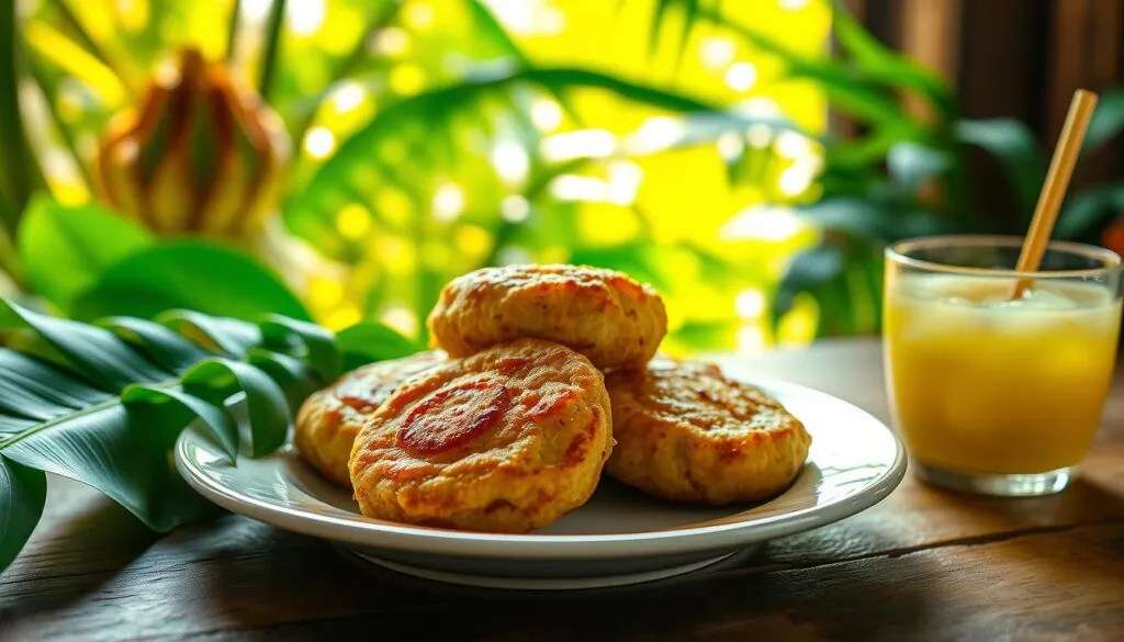 Vibrant Caribbean banana fritters, glistening with a golden-brown crust, nestled against a backdrop of lush tropical foliage. A plate set on a rustic wooden table, with a refreshing glass of chilled coconut water or a zesty rum punch nearby, reflecting the flavors of the islands. Warm sunlight filters through the window, casting a soft, inviting glow over the scene. The fritters' tempting aroma beckons, promising a delightful balance of sweet, savory, and subtly spiced flavors that transport the senses to the sun-drenched shores of Jamaica. Vibrant Caribbean banana fritters, glistening with a golden-brown crust, nestled against a backdrop of lush tropical foliage. A plate set on a rustic wooden table, with a refreshing glass of chilled coconut water or a zesty rum punch nearby, reflecting the flavors of the islands. Warm sunlight filters through the window, casting a soft, inviting glow over the scene. The fritters' tempting aroma beckons, promising a delightful balance of sweet, savory, and subtly spiced flavors that transport the senses to the sun-drenched shores of Jamaica.