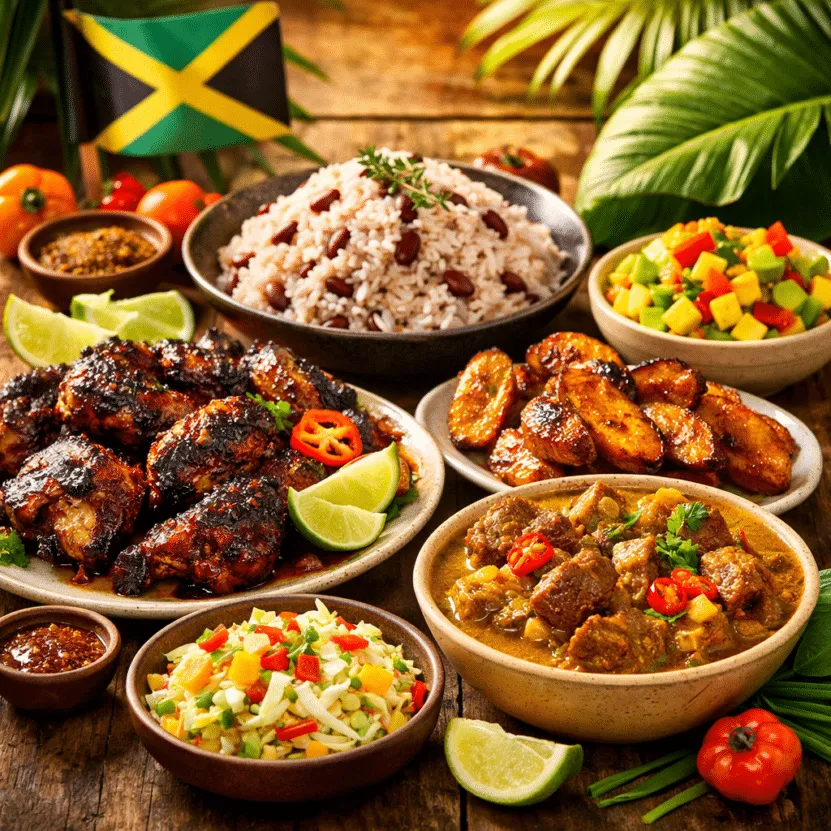 Jamaican food served at Melendez Imports in Berrien Springs, MI showcasing jerk chicken, curry goat, rice and peas, and plantains.